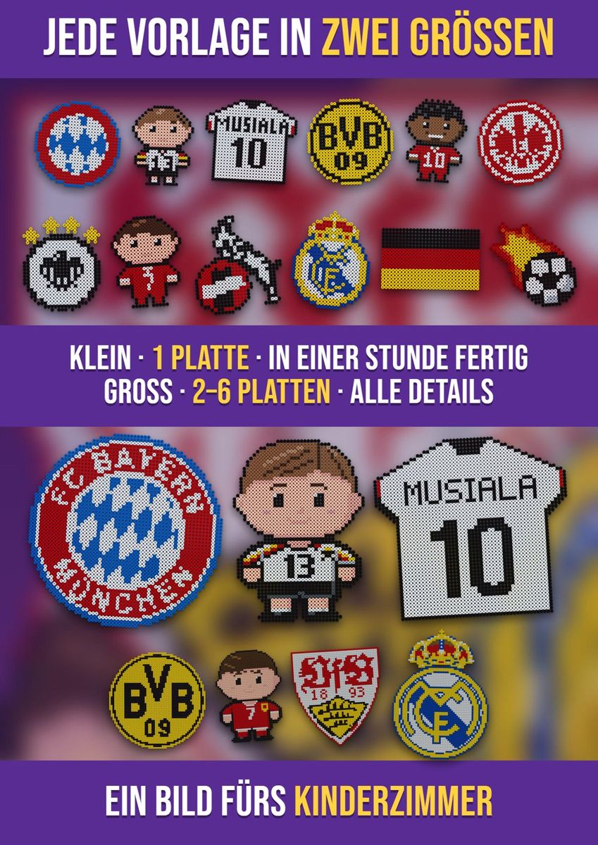 Dieselbe Fußball-Vorlage in zwei Größen: klein auf 1 Steckplatte und groß auf mehreren Platten
