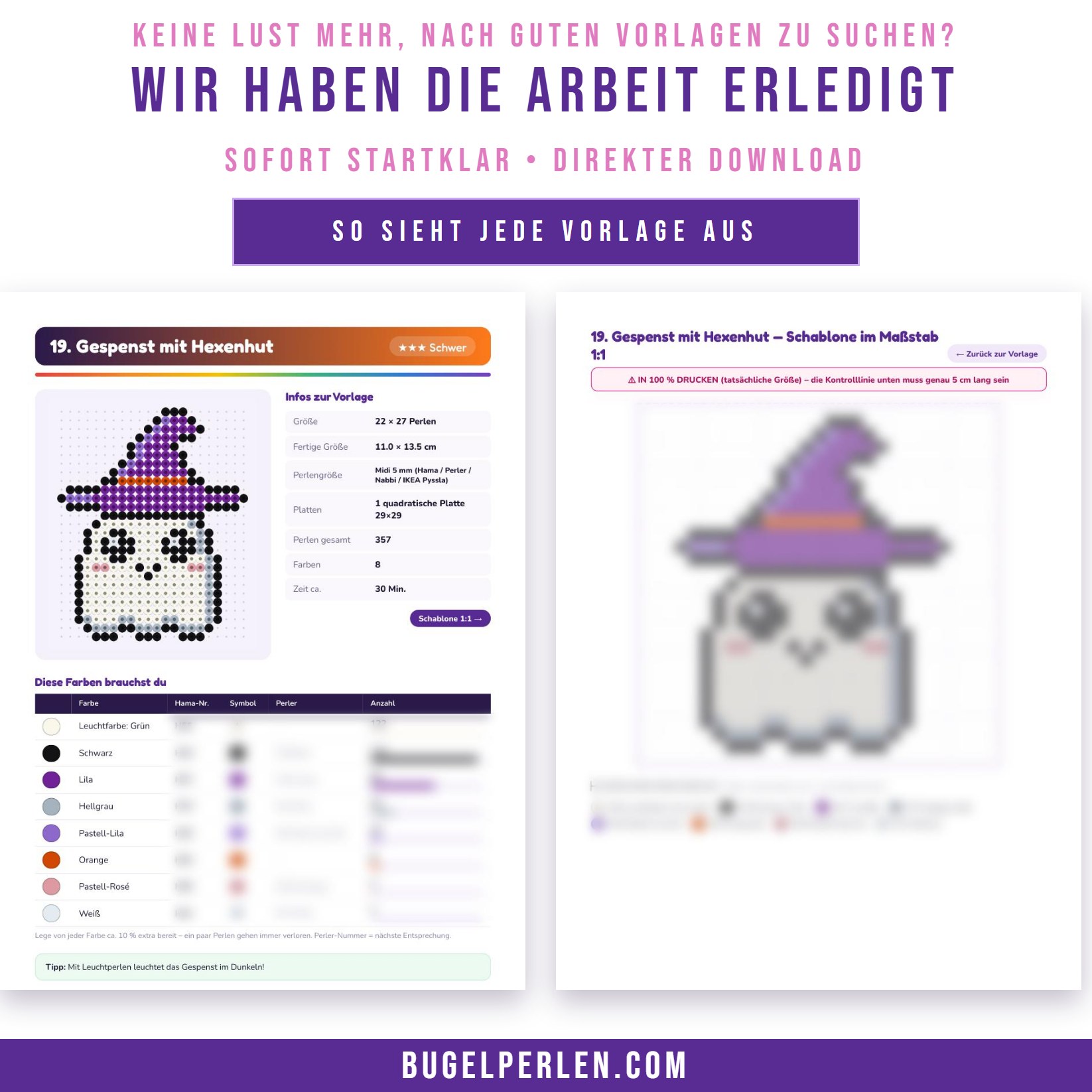 So sieht jede Vorlage im PDF aus: Infoseite mit Größe, Perlenanzahl und Schwierigkeitsgrad