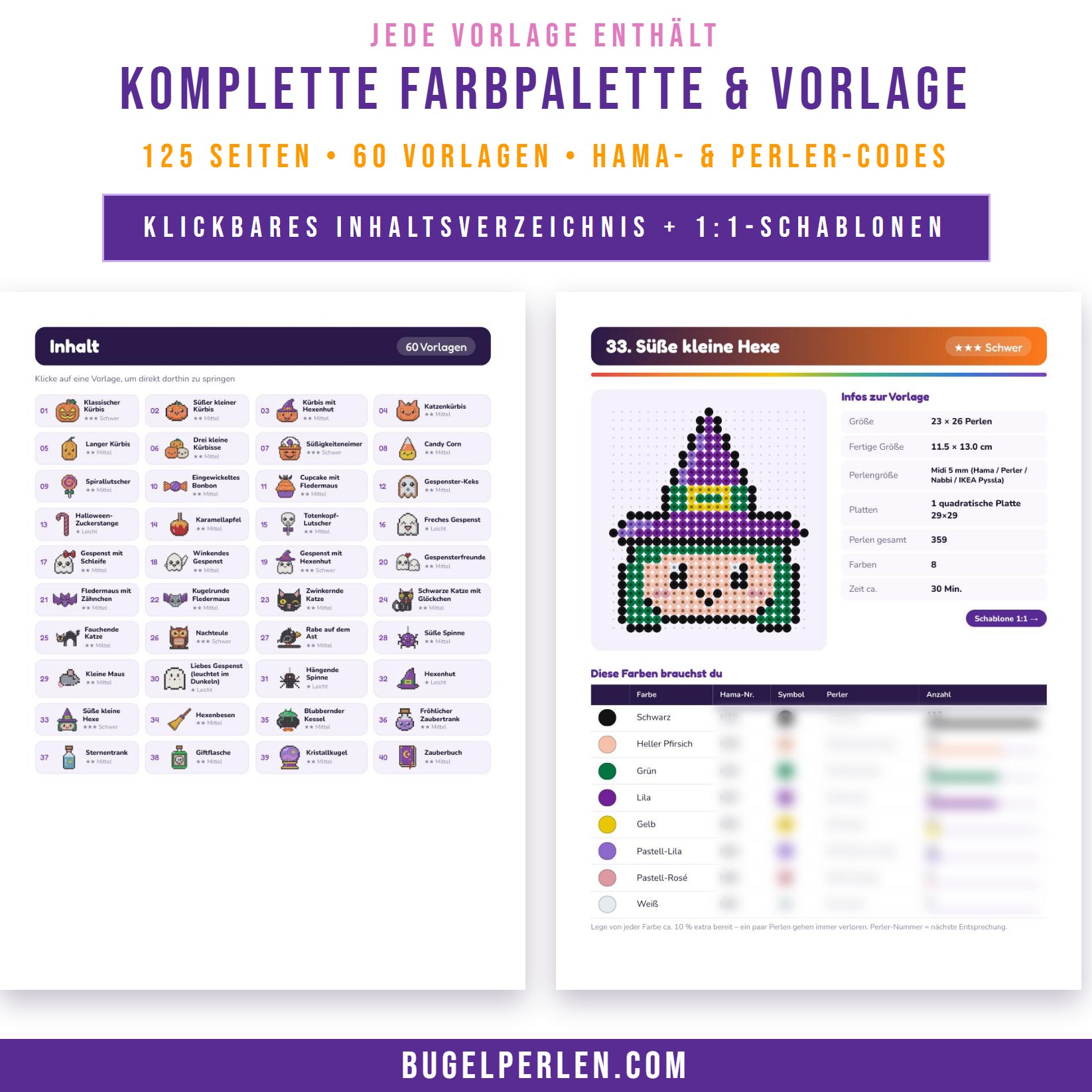 Komplette Farbpalette mit Hama- und Perler-Codes und Druckvorlage im Maßstab 1:1