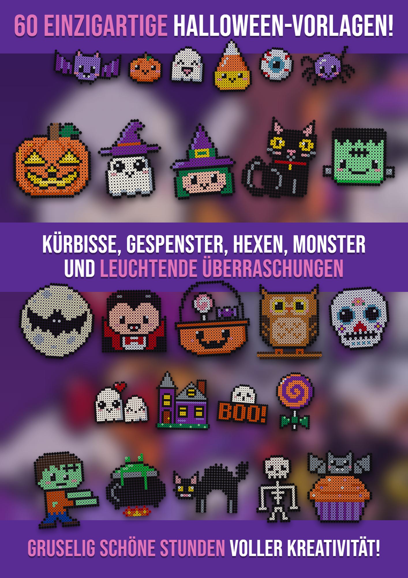 60 Halloween Bügelperlen Vorlagen – Kürbisse, Gespenster, Hexen und Monster