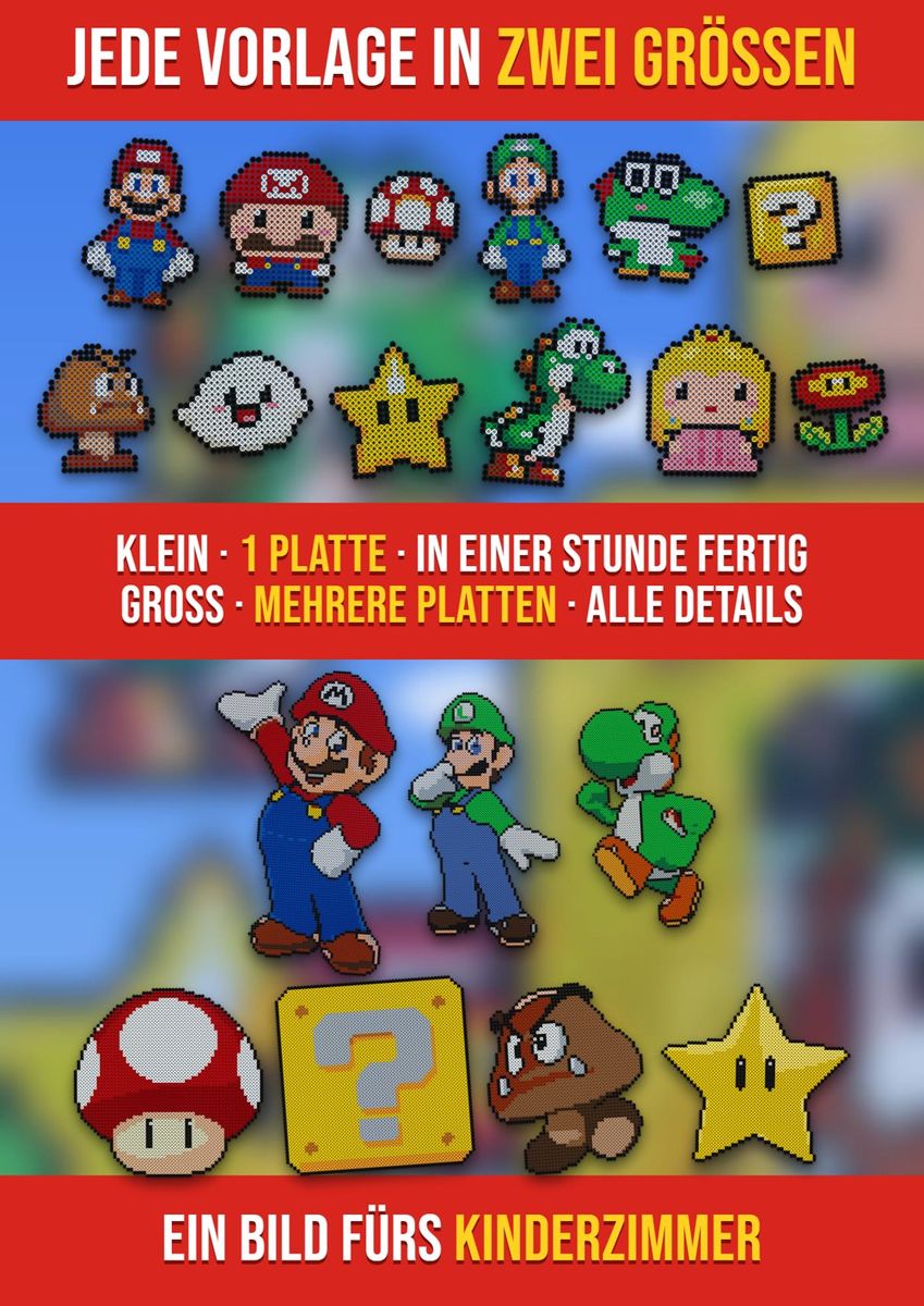 Dieselbe Super-Mario-Vorlage in zwei Größen: klein auf 1 Steckplatte und groß auf mehreren Platten