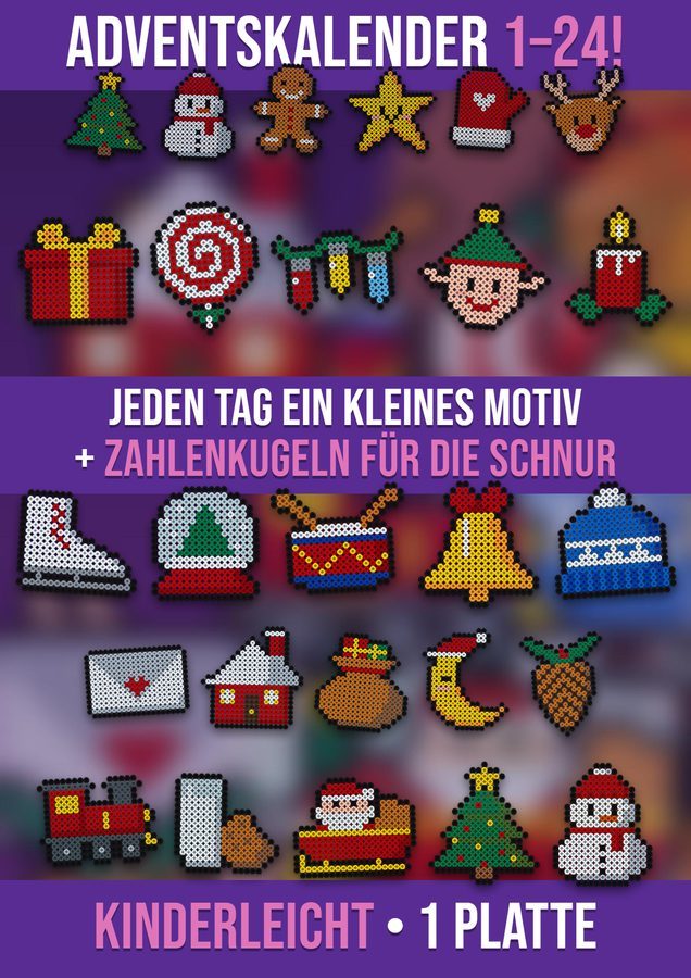 Adventskalender aus Bügelperlen: 24 kleine Weihnachtsmotive und Zahlenkugeln 1–24 an einer Schnur