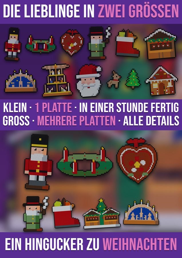 Dieselbe Weihnachtsvorlage in zwei Größen: klein auf 1 Steckplatte und groß auf mehreren Platten